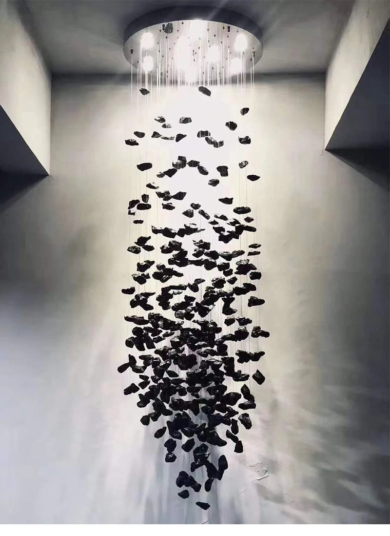 Black Art Luxury Stone Crystal Chandelier by MC THE BLACK DIAMOND, modern LED hanging lamp for staircase or hallway decor.