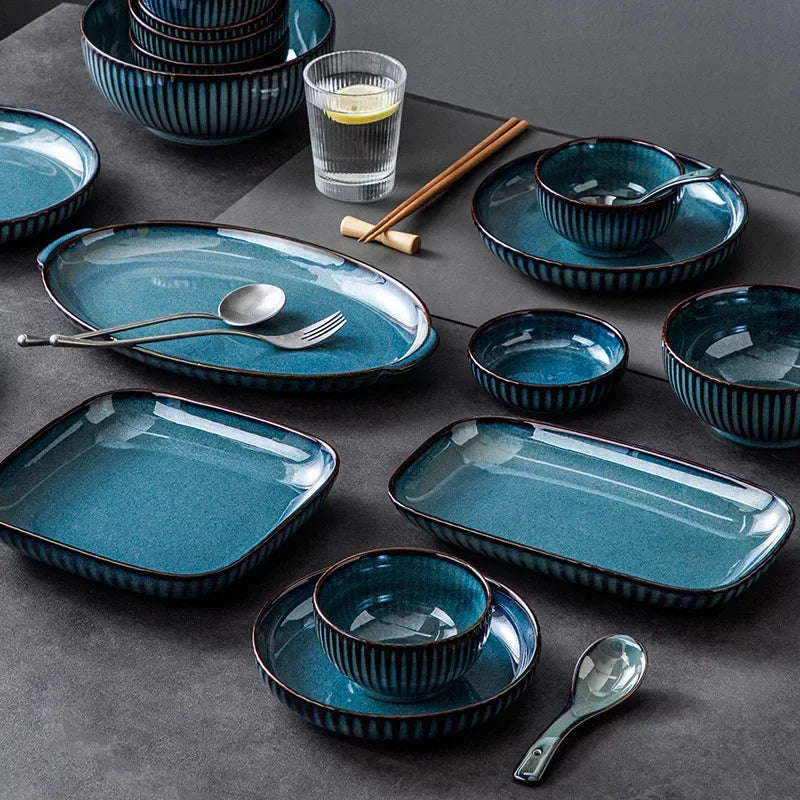 Blue kiln glaze ceramic plate for rice and salad, from 𝕄𝕔 𝕋𝕙𝕖 𝔹𝕝𝕒𝕔𝕜 𝔻𝕚𝕒𝕞𝕠
