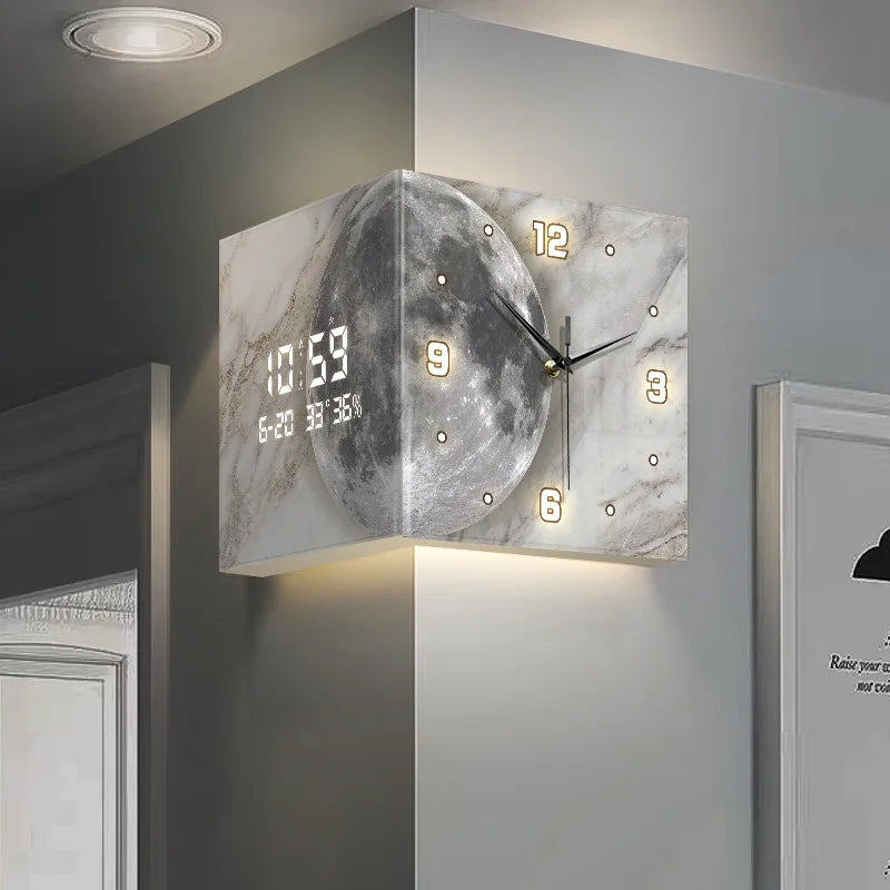 Modern double-sided electronic wall clock with perpetual calendar, designed for living room corner decor by đđ đđđ đčđđđđ đ»đđ