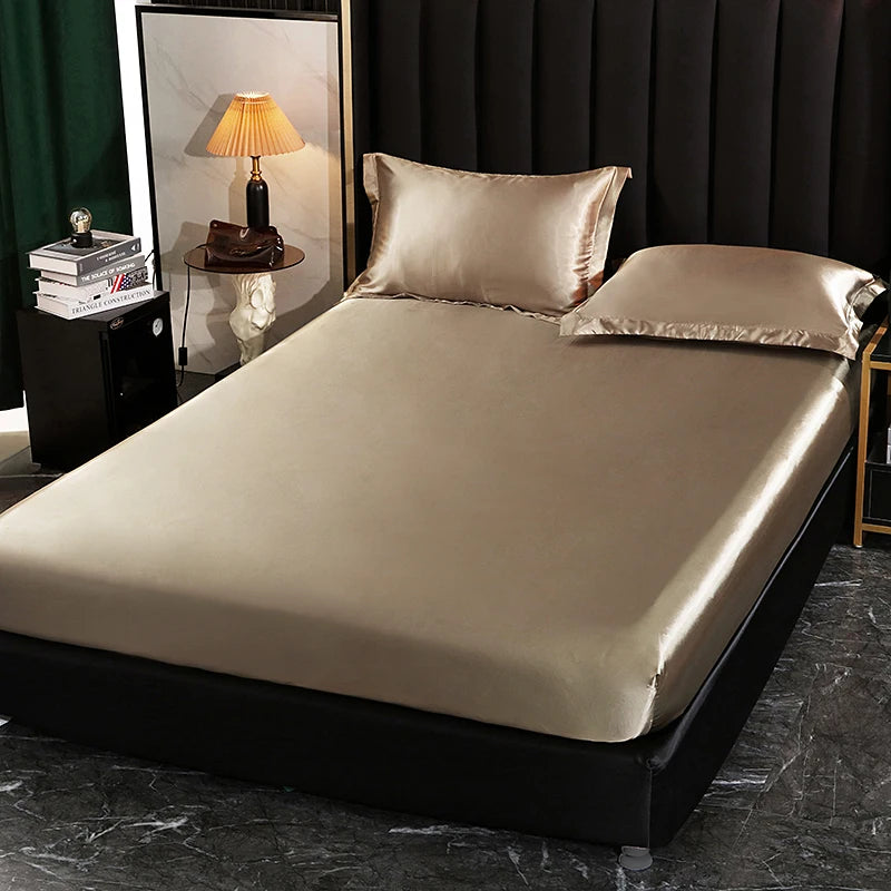 Luxury satin bedding set by MC THE BLACK DIAMOND featuring a fitted sheet and duvet cover in elegant home decor style.