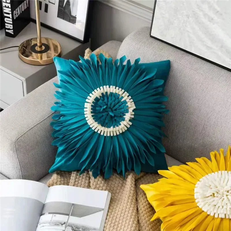 Pink and white velvet throw pillow with 3D chrysanthemum stitching, blue cushion case, 45x45cm, modern home decor by MC THE BLACK DIAMOND.