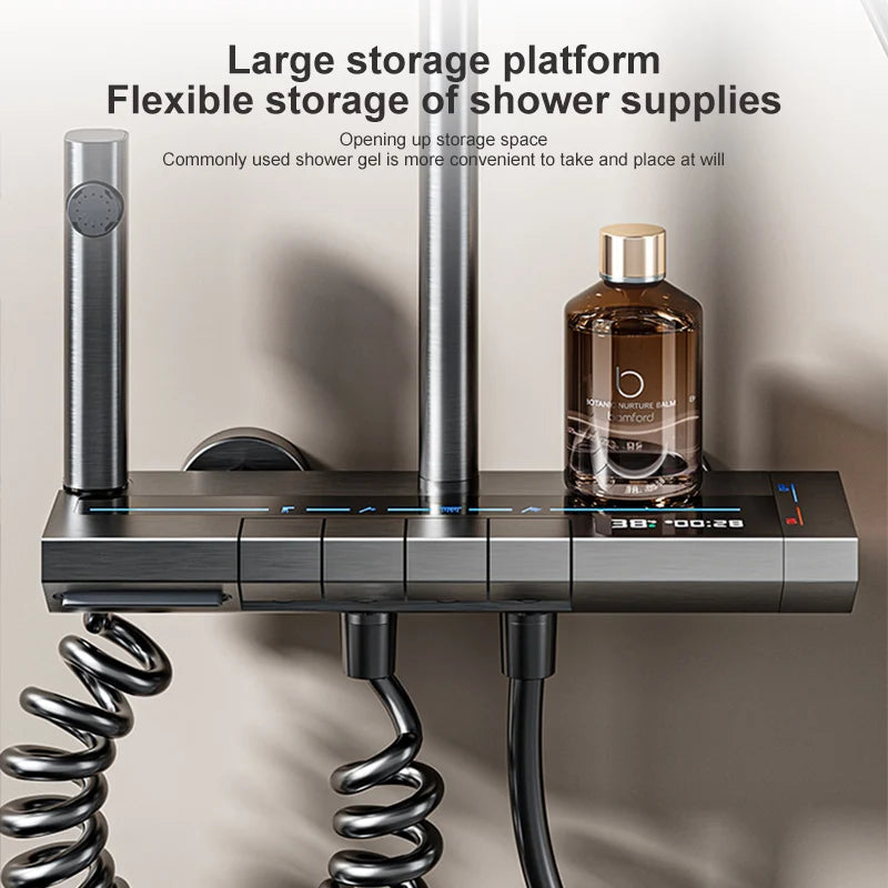 Grey MC THE BLACK DIAMOND piano button ambient shower column with digital display, rain faucets, and full shower head system.