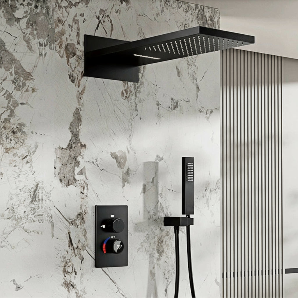 Luxury black MC THE BLACK DIAMOND shower system with wall-mounted design, LED digital display, dual hot and cold control, for modern bathrooms.