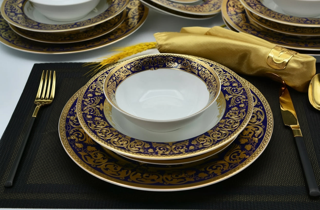 Royal Style embossed gold rim ceramic plates and bowls set by MC THE BLACK DIAMOND, elegant kitchen dinnerware with intricate gold detailing.