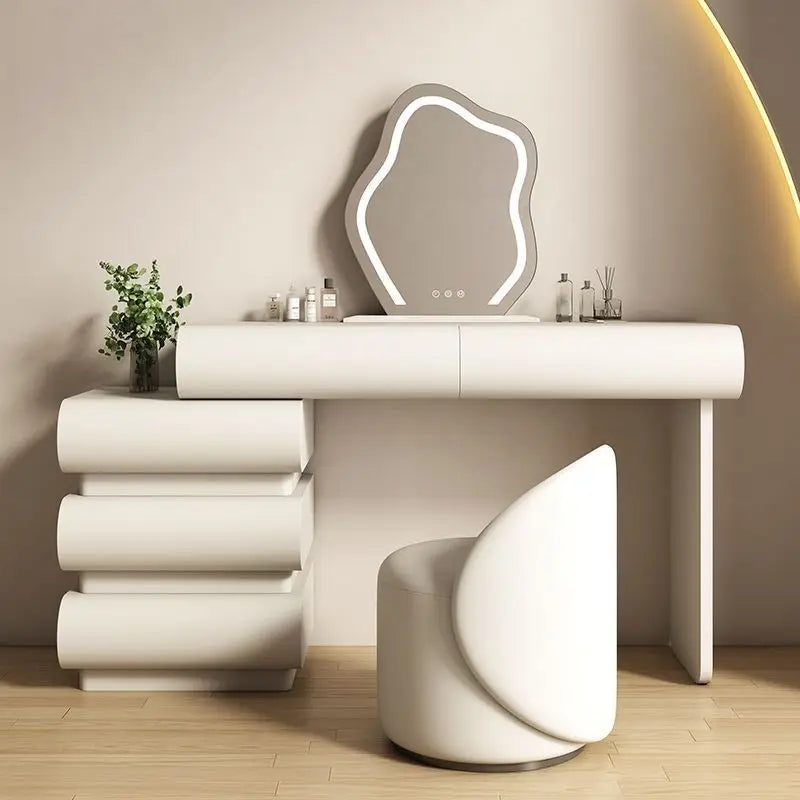 Mirror drawers vanity table with storage organizer and matching chair, ideal for bedroom makeup and dressing room furniture.