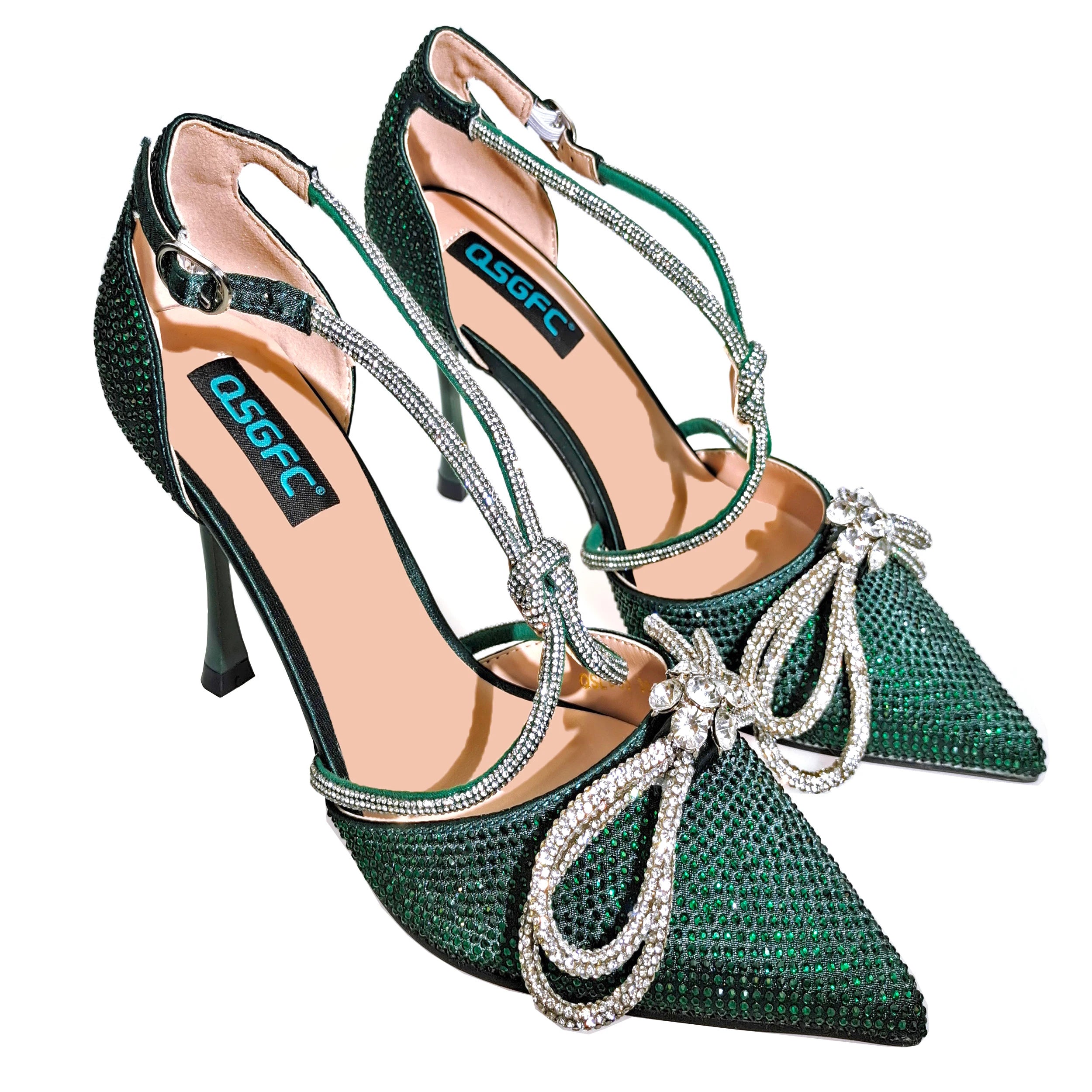 MC THE BLACK DIAMOND party women’s heels and bags set with pointed toe high heels and rhinestone details in purple.