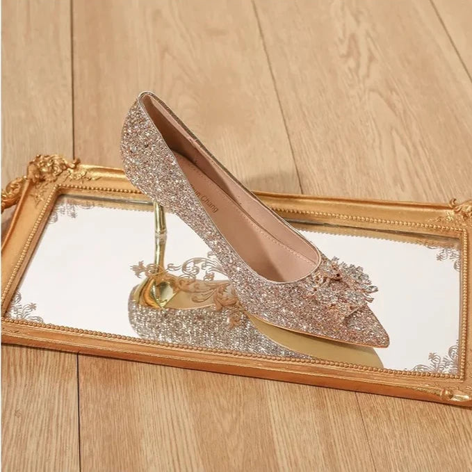 Women's high heel shoes by Mohammand Collection featuring elegant crystal embellishments, pointed toe pumps, perfect for parties and weddings.