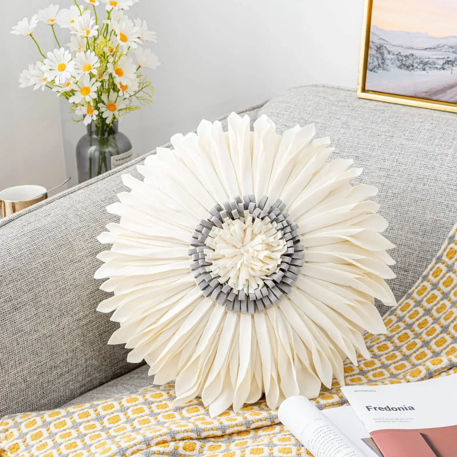 Pink and white velvet throw pillow with 3D chrysanthemum embroidery, 45x45cm, home decor cushion by MC THE BLACK DIAMOND