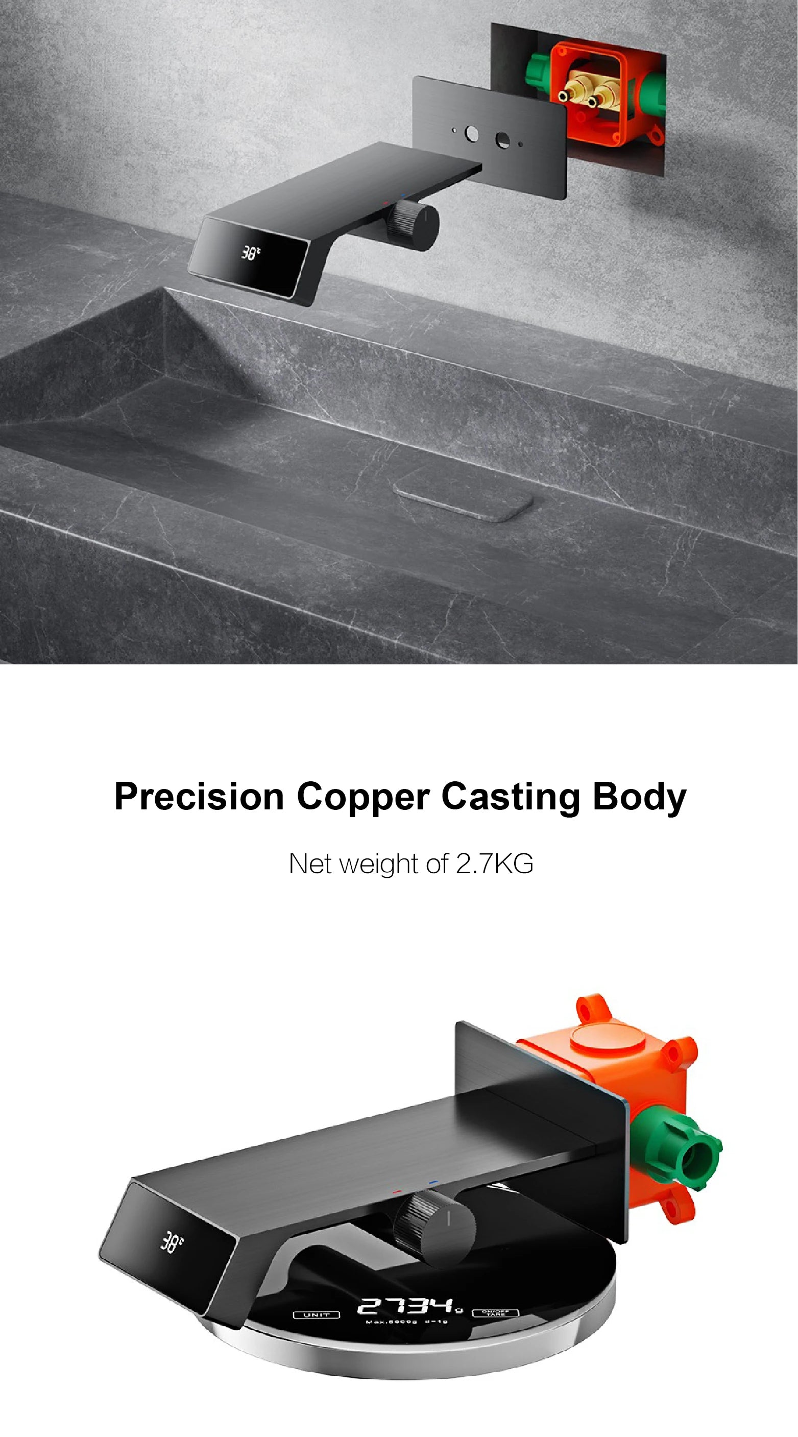 Luxury gray brass bathroom faucet with LED digital display, designed for home decor by MC THE BLACK DIAMOND