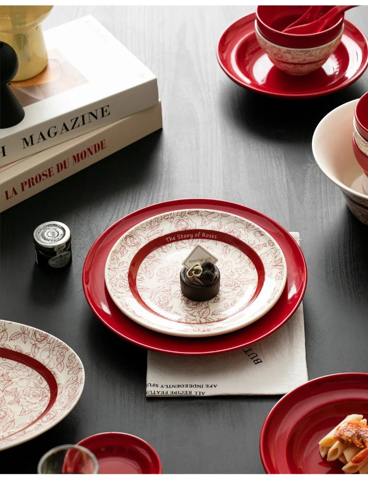 Red retro ceramic steak plate from 𝕄𝕔 𝕋𝕙𝕖 𝔹𝕝𝕒𝕔𝕜 𝔻𝕚𝕒𝕞𝕠𝕟�