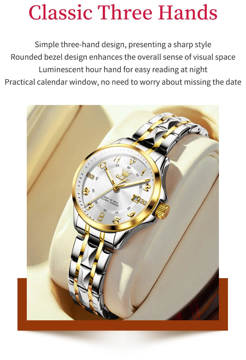 Elegant MC THE BLACK DIAMOND women's quartz watch with luminous dial, waterproof design, and calendar feature.