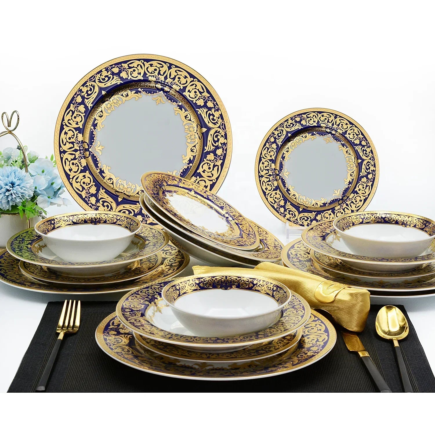 Royal Style embossed gold rim ceramic dinner plates and bowls set by MC THE BLACK DIAMOND, elegant kitchen dinnerware.