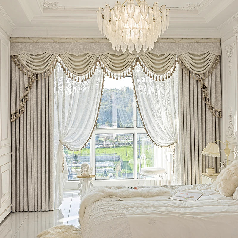 Beige jacquard chenille curtains by MC THE BLACK DIAMOND, stylish window screens for living rooms, bedrooms, and balconies.
