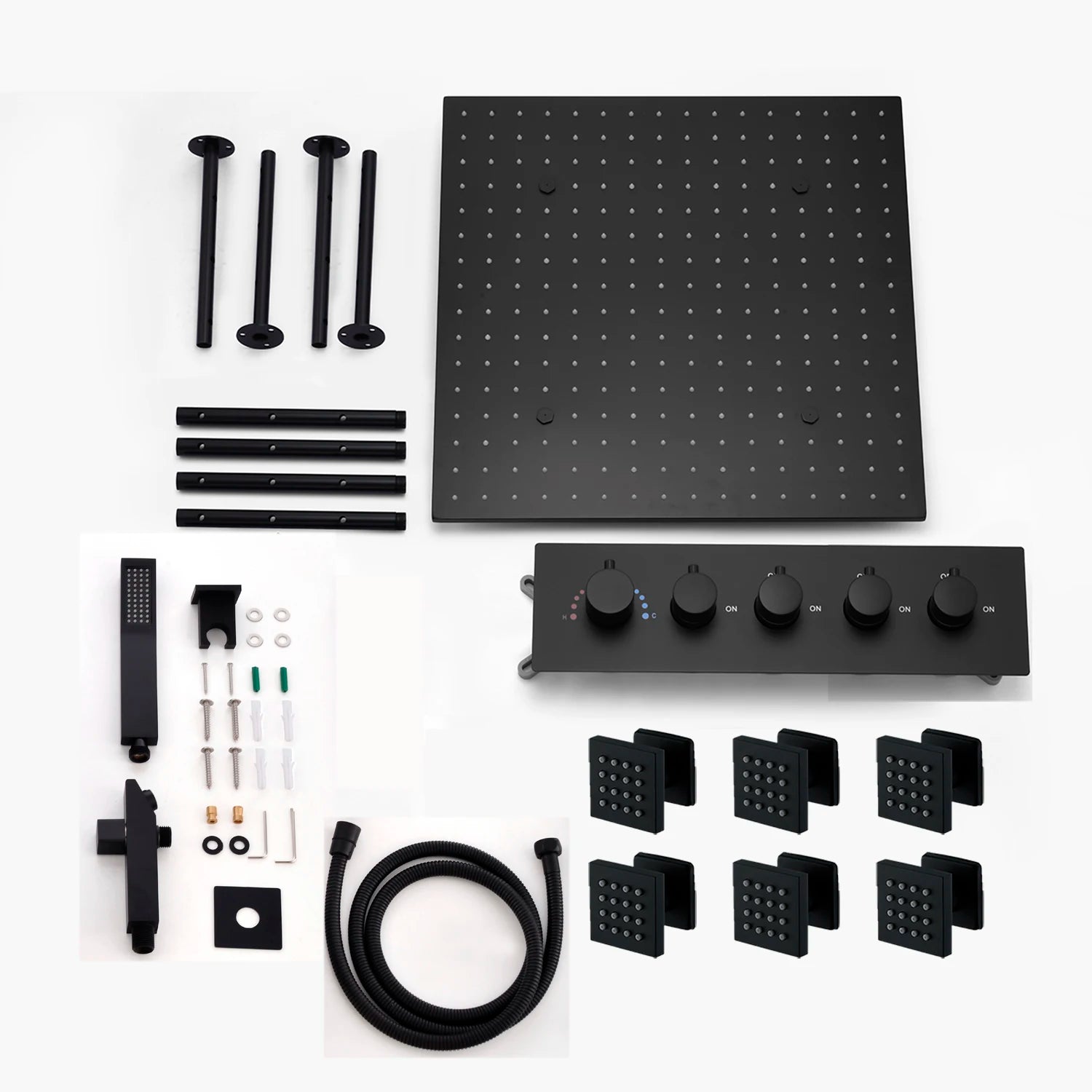 Luxury MC The Black Diamonds rainfall mist spray LED shower head set with side massage jets and temperature control in a modern bathroom.