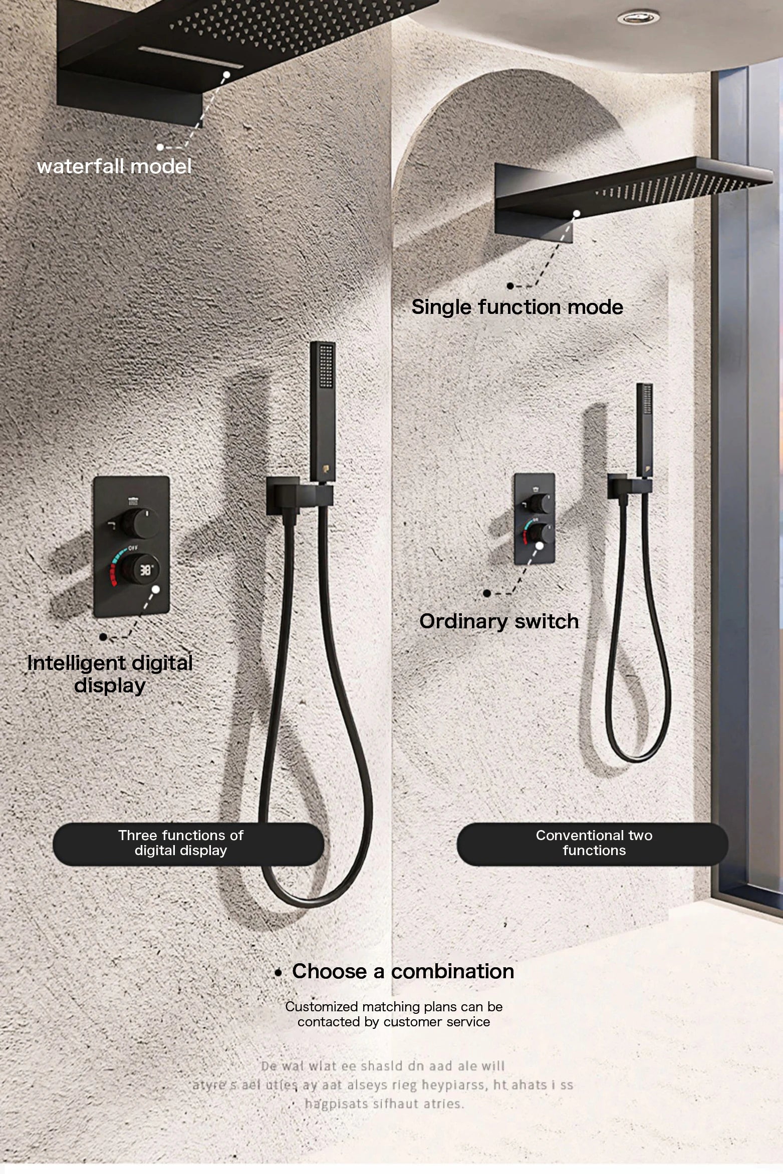 Luxury black MC THE BLACK DIAMOND shower system with wall-mounted bath tap, LED digital display for hot and cold dual control