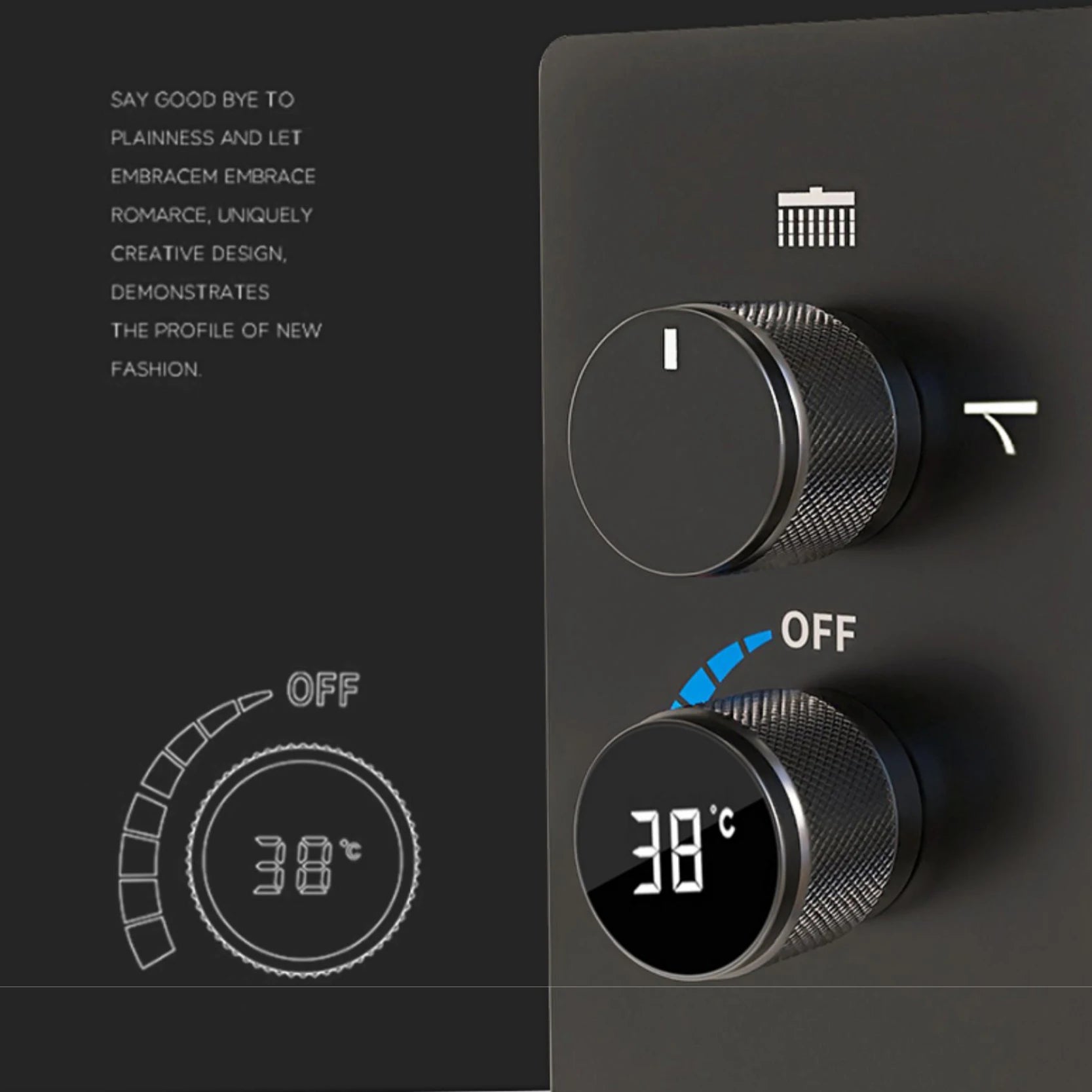 Luxury black MC THE BLACK DIAMOND shower system with wall-mounted bath tap, LED digital display, dual hot and cold control
