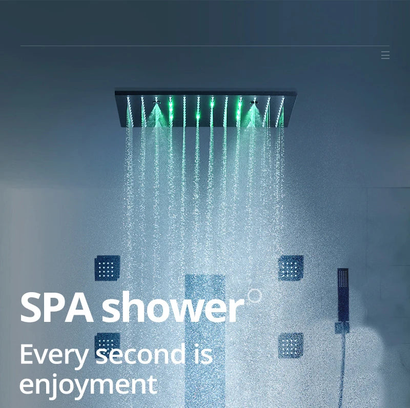 Luxury 16/20 inch rainfall mist spray LED shower head set with side massage jets and temperature control by 𝕄𝕔 𝕋𝕙𝕖 𝔹𝕝𝕒𝕔𝕜 𝔻�