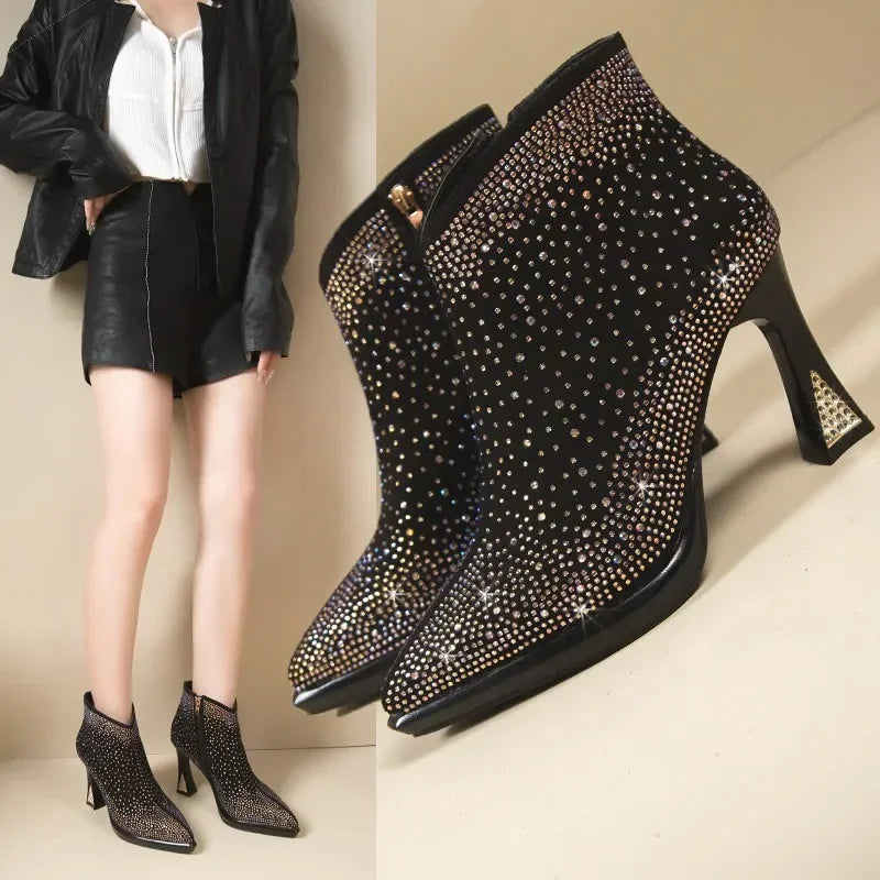 Women's short boots with thick square high heels from Mohammad Collection, featuring stylish design and black leather finish.