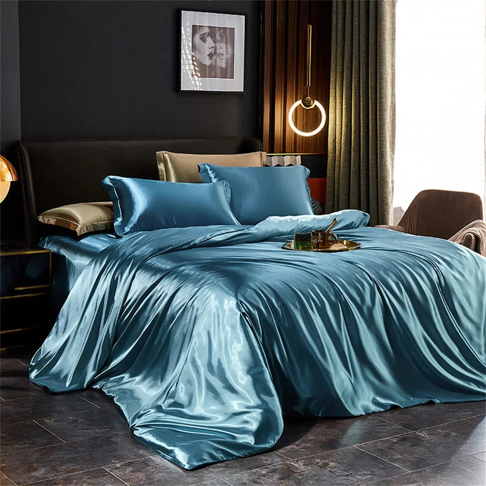 Luxury satin silk bedding set by MC THE BLACK DIAMOND with duvet cover, bed sheet, and pillowcases for king, queen, or twin beds.