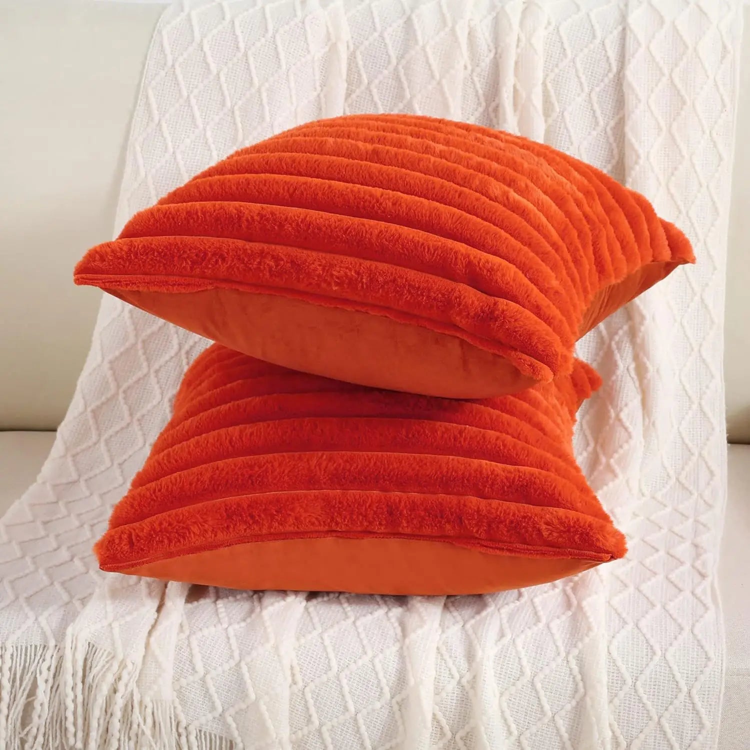 Big soft faux rabbit fur square cushion cover in striped solid color, 24x24 inches, perfect for sofa decor from MC THE BLACK DIAMOND.