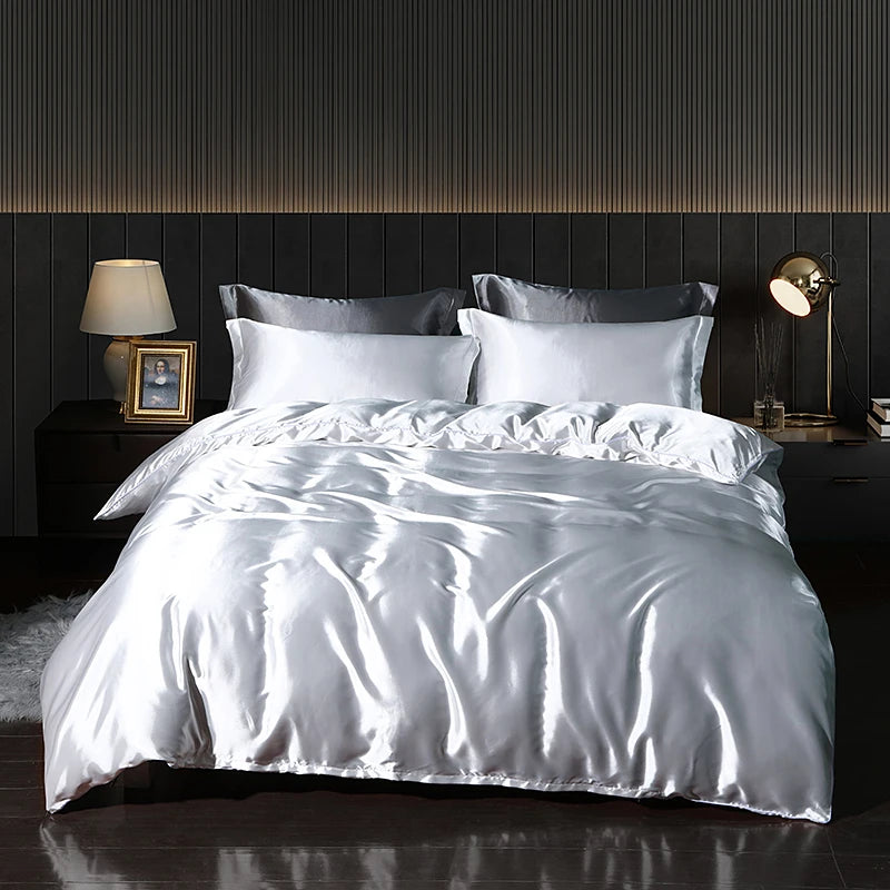 Luxury satin bedding set with fitted sheet and duvet cover from MC THE BLACK DIAMOND, showcasing smooth, elegant home decor.