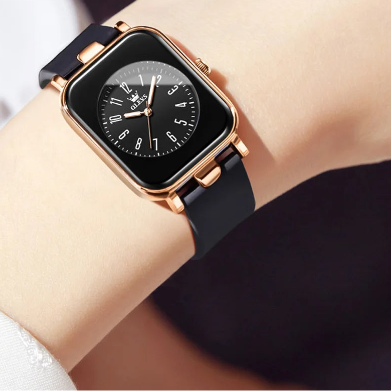 OLEVS square women's silicone strap quartz watch with a simple, trendy design, featuring a sleek face and minimalistic style.