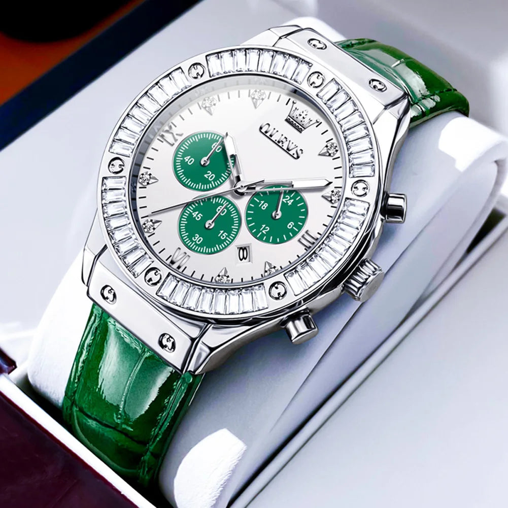 Elegant women's leather strap watch by Mohamad Collection, featuring a diamond bezel, chronograph, and waterproof quartz movement.