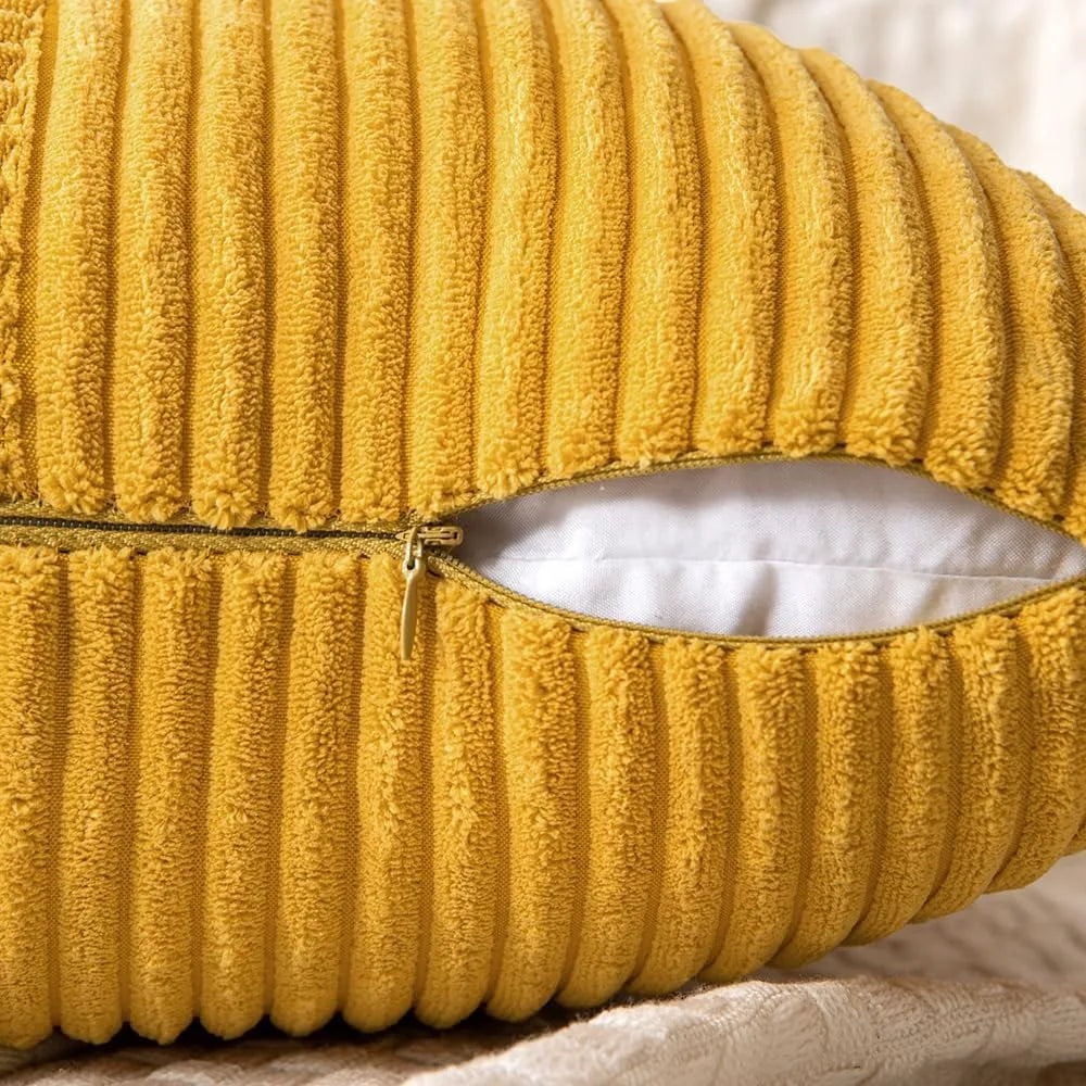 Mustard yellow corduroy pillow cover with boho spliced patchwork design, textured cushion case for soft, stylish home decor.
