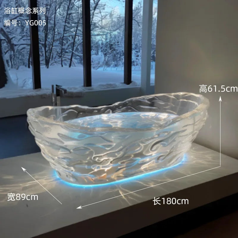 Transparent AI concept couple freestanding resin bathtub by MC THE BLACK DIAMOND, showcasing a modern, crystal-clear design with textured surface.