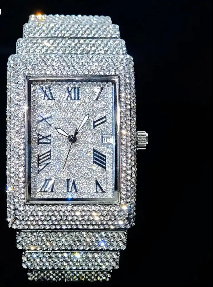 Luxury gold ice watch by MC THE BLACK DIAMOND, men's rectangular quartz wristwatch with full diamond bling and fashionable design.