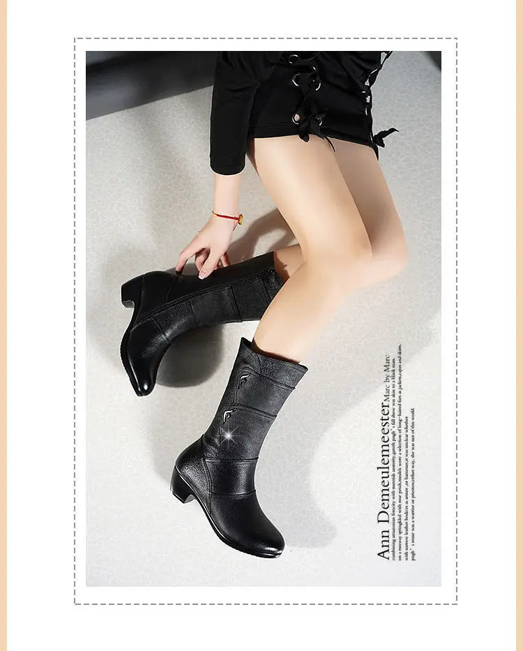 Women’s mid-calf wedge-heeled leather boots by Mohamad Collection, featuring soft leather and a winter-ready design.
