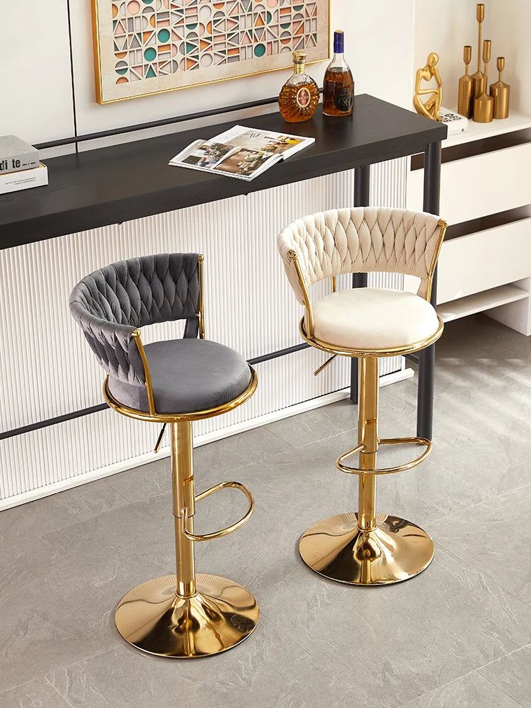 Adjustable velvet bar stool with backrest, Nordic style, rotating lifting bar chair, high foot stool for kitchen or counter.
