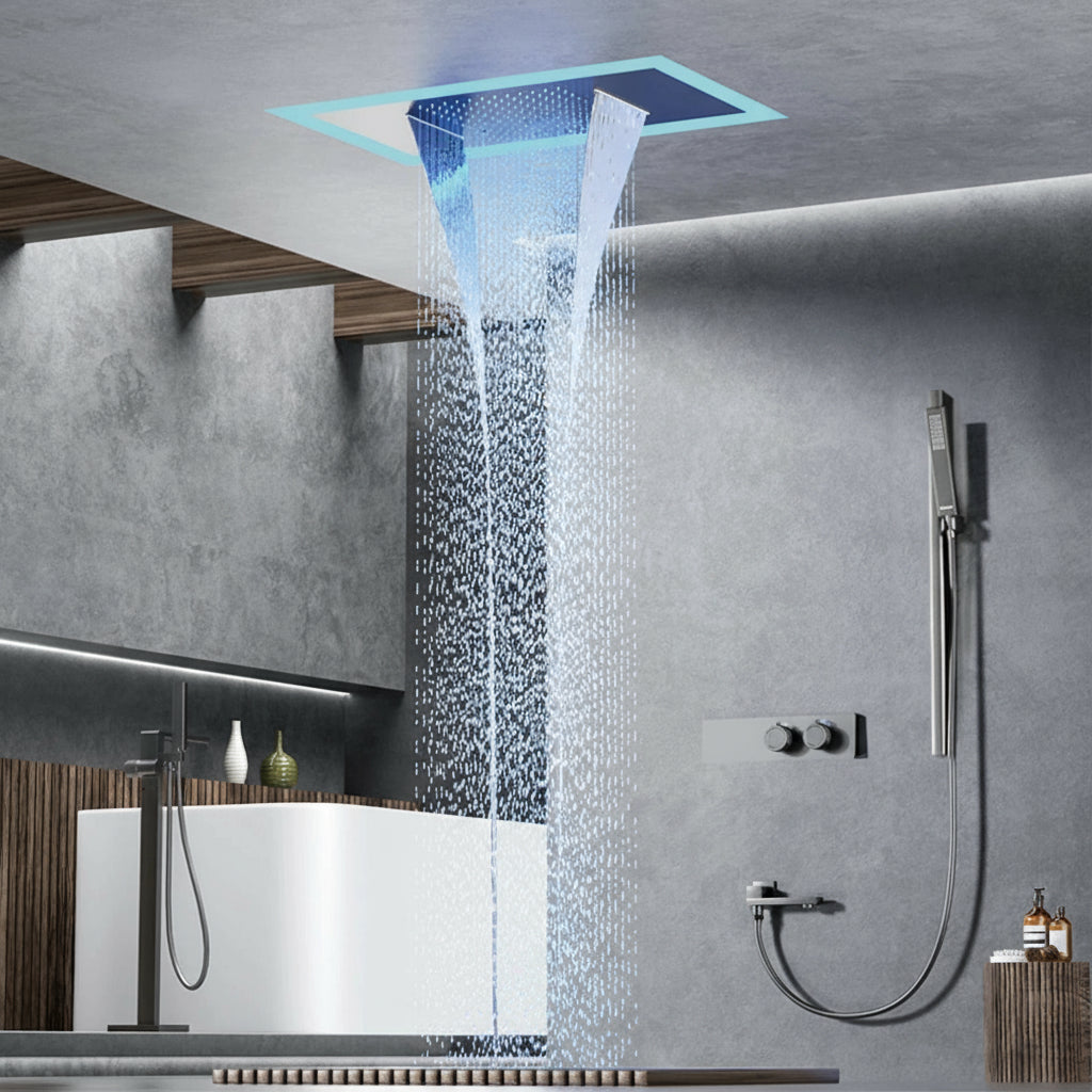 Luxury brass gun gray bath ceiling shower system with LED digital display, hot and cold water, embedded bathroom faucet by 𝕄𝕔 𝕋𝕙𝕖 𝔹𝕝𝕒𝕔𝕜 𝔻�