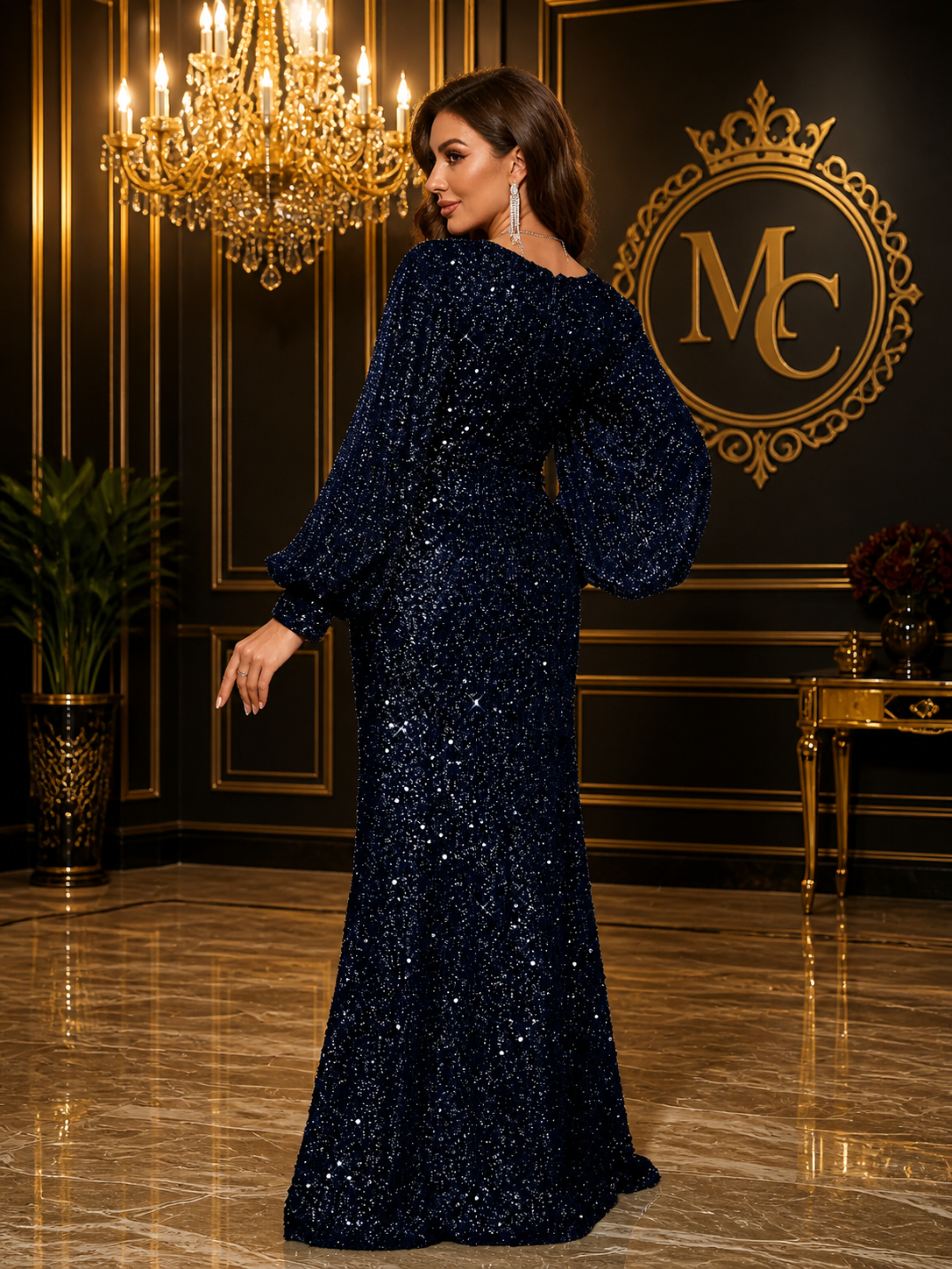 MC Women's Deep V Neck Mermaid Hem dress showcasing a fitted silhouette with intricate detailing and elegant design.