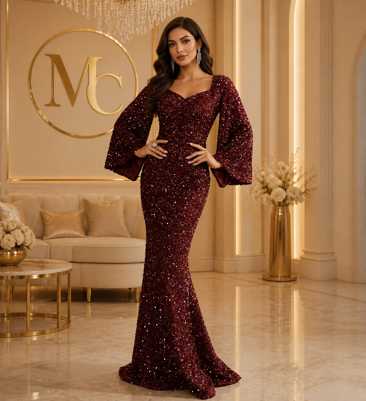 MC Women's Deep V Neck Mermaid Hem dress featuring a fitted silhouette and elegant design in black.
