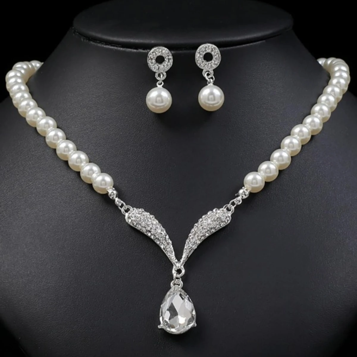 3-Piece Pearl Droplet Necklace and Earrings Set for Weddings and Special Events