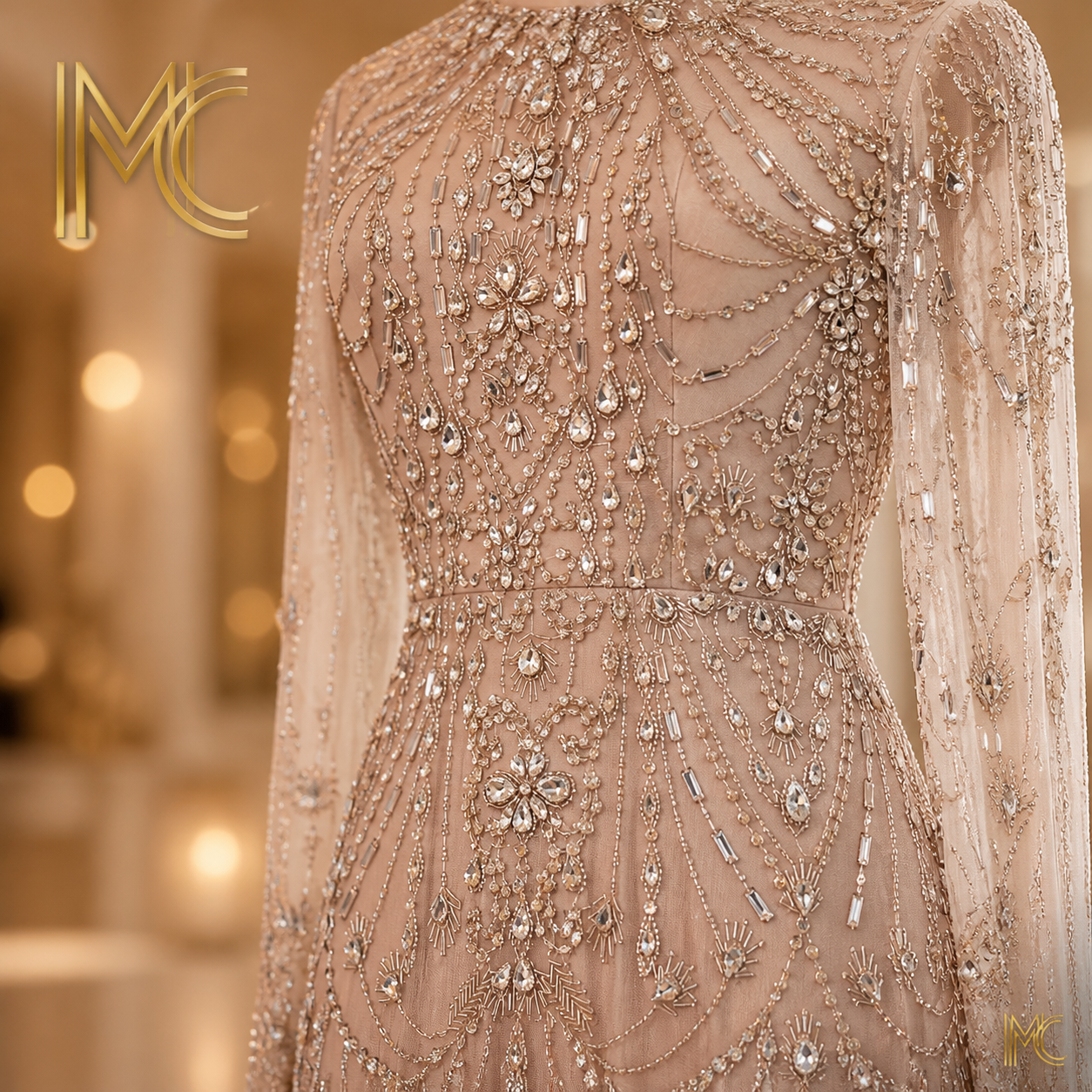 MC THE BLACK DIAMOND long sleeve high neck Dubai luxury evening dress for women, ideal for wedding and formal parties.
