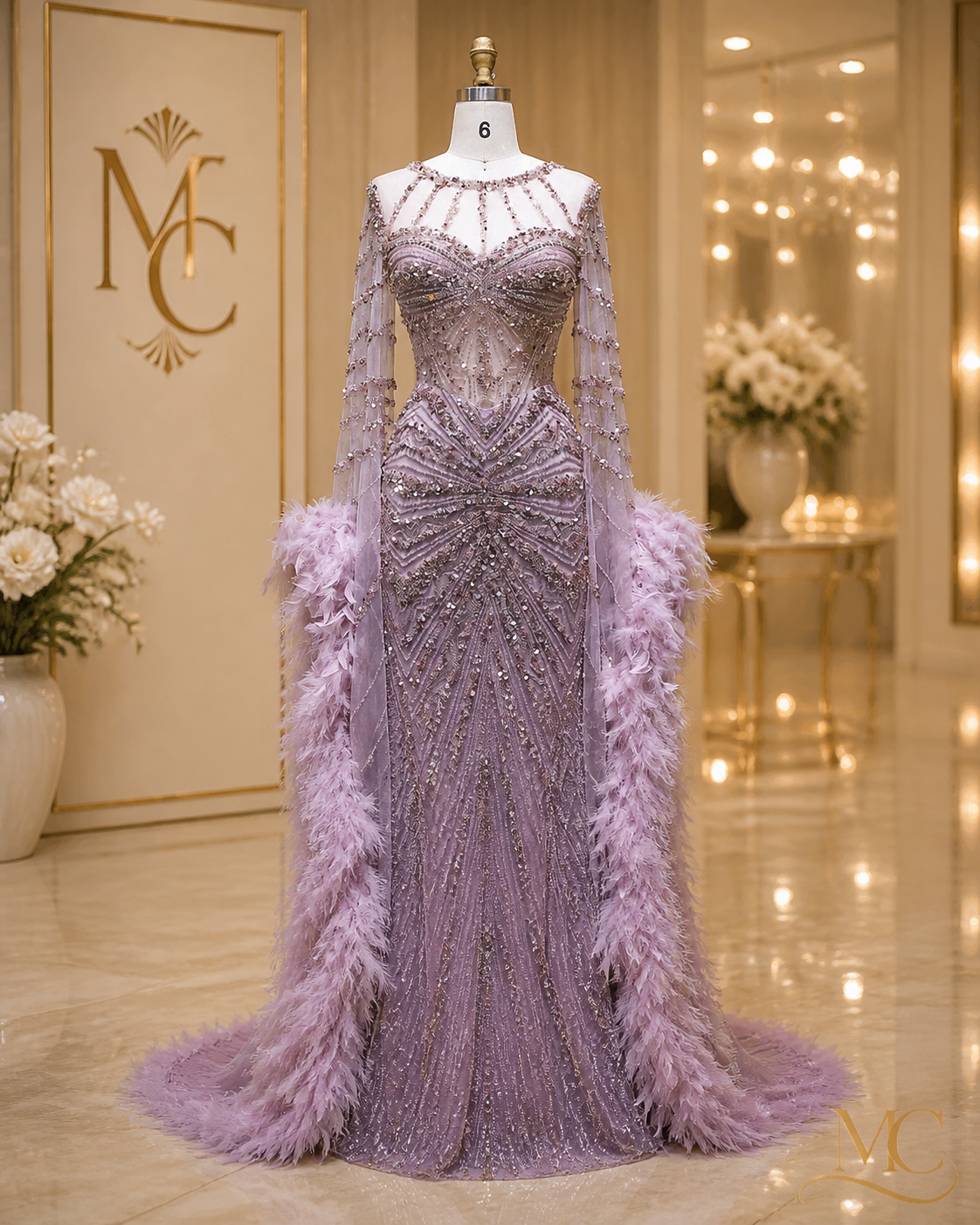 MC Luxury Caramel Beaded Mermaid Evening Dress with Feather Cape Sleeves by MC THE BLACK DIAMOND, designed for formal weddings and parties.