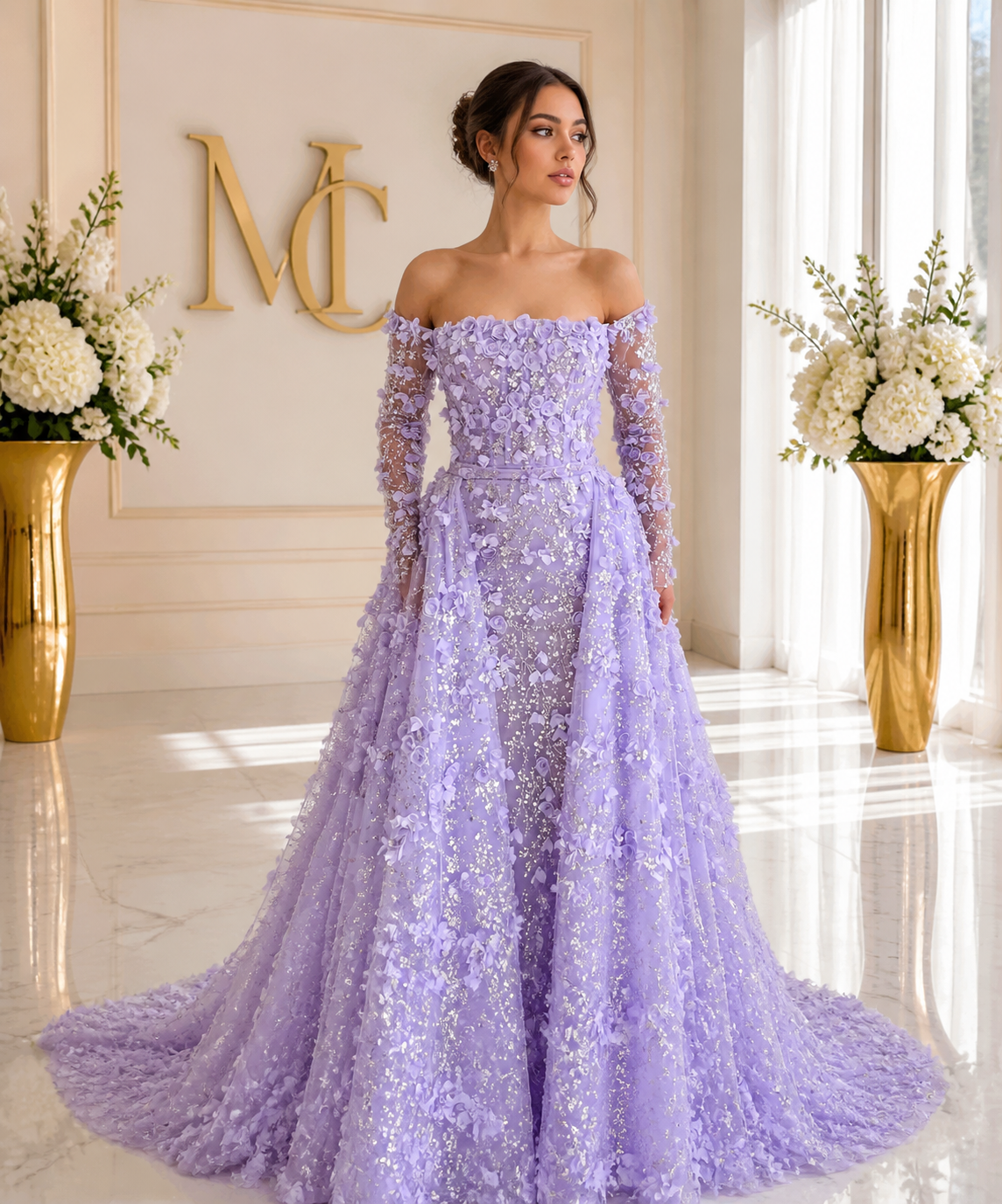 MC Elegant 3D Flowers Dubai evening dress by MC THE BLACK DIAMOND featuring intricate 3D floral embroidery and a stylish silhouette.