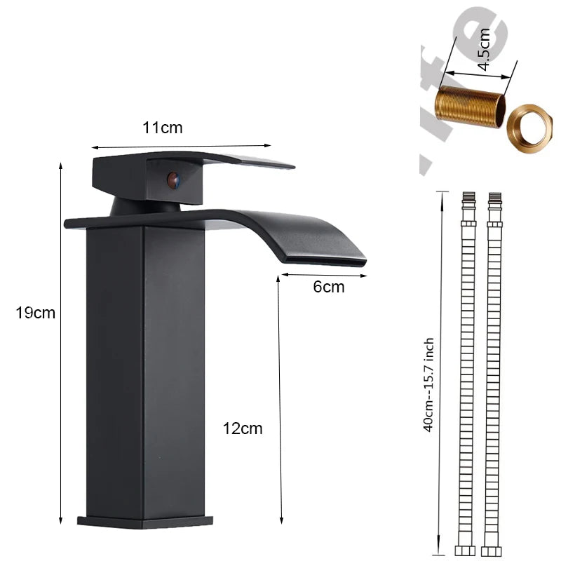 Black waterfall bathroom faucet with basin vanity vessel sink, MC THE BLACK DIAMOND bath fixture, modern water feature for bathroom
