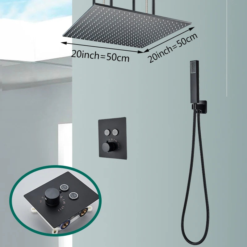 Matte black Rozin thermostatic shower faucet with ceiling rainfall shower head and concealed installation for modern bathrooms.
