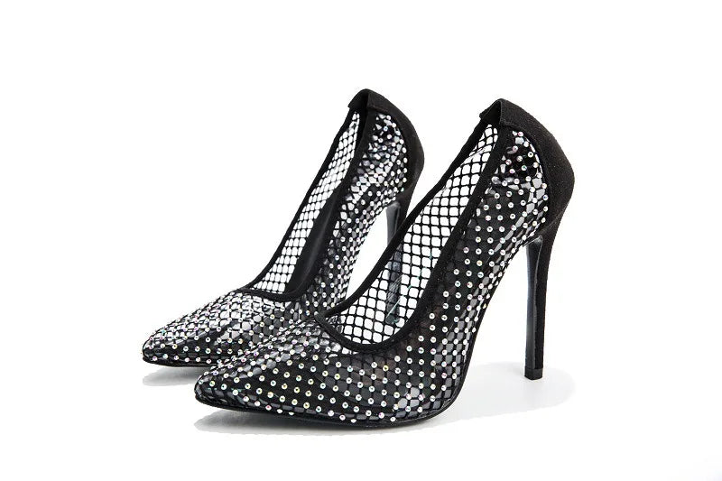 Colorful rhinestone women's pumps with glitter, breathable mesh, thin heel, hollow design, suitable for parties and weddings.