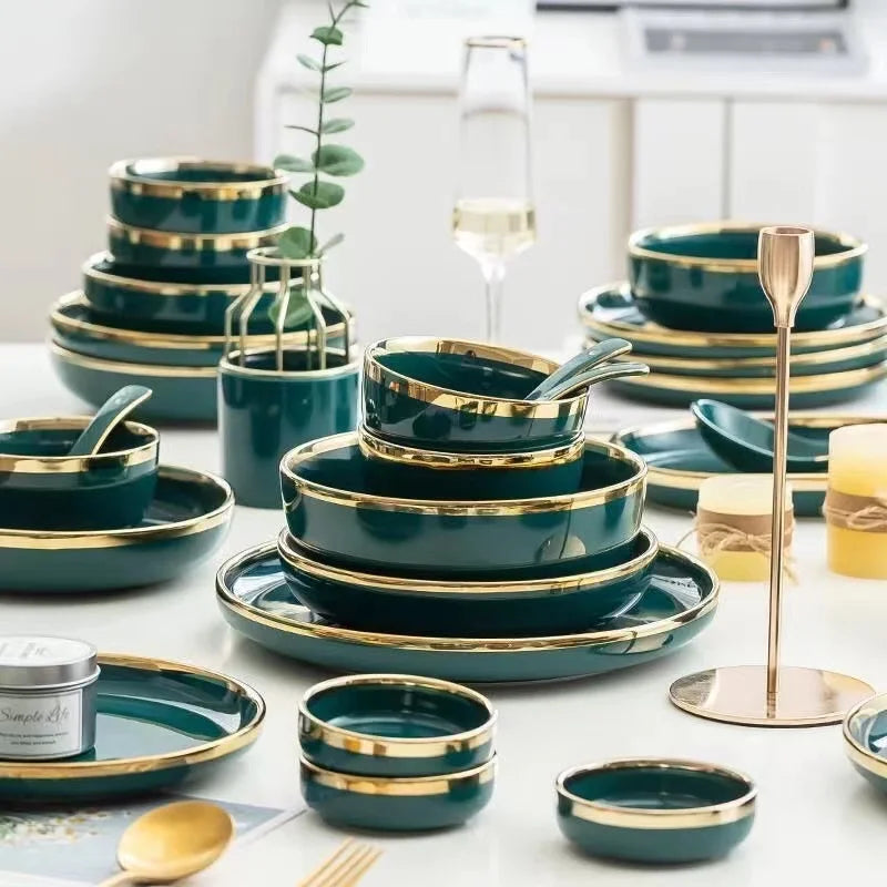 Set of green ceramic dinner plates with gold inlay, including salad bowls and spoons, from 𝕄𝕔 𝕋𝕙𝕖 𝔹𝕝𝕒𝕔𝕜 𝔻𝕚�