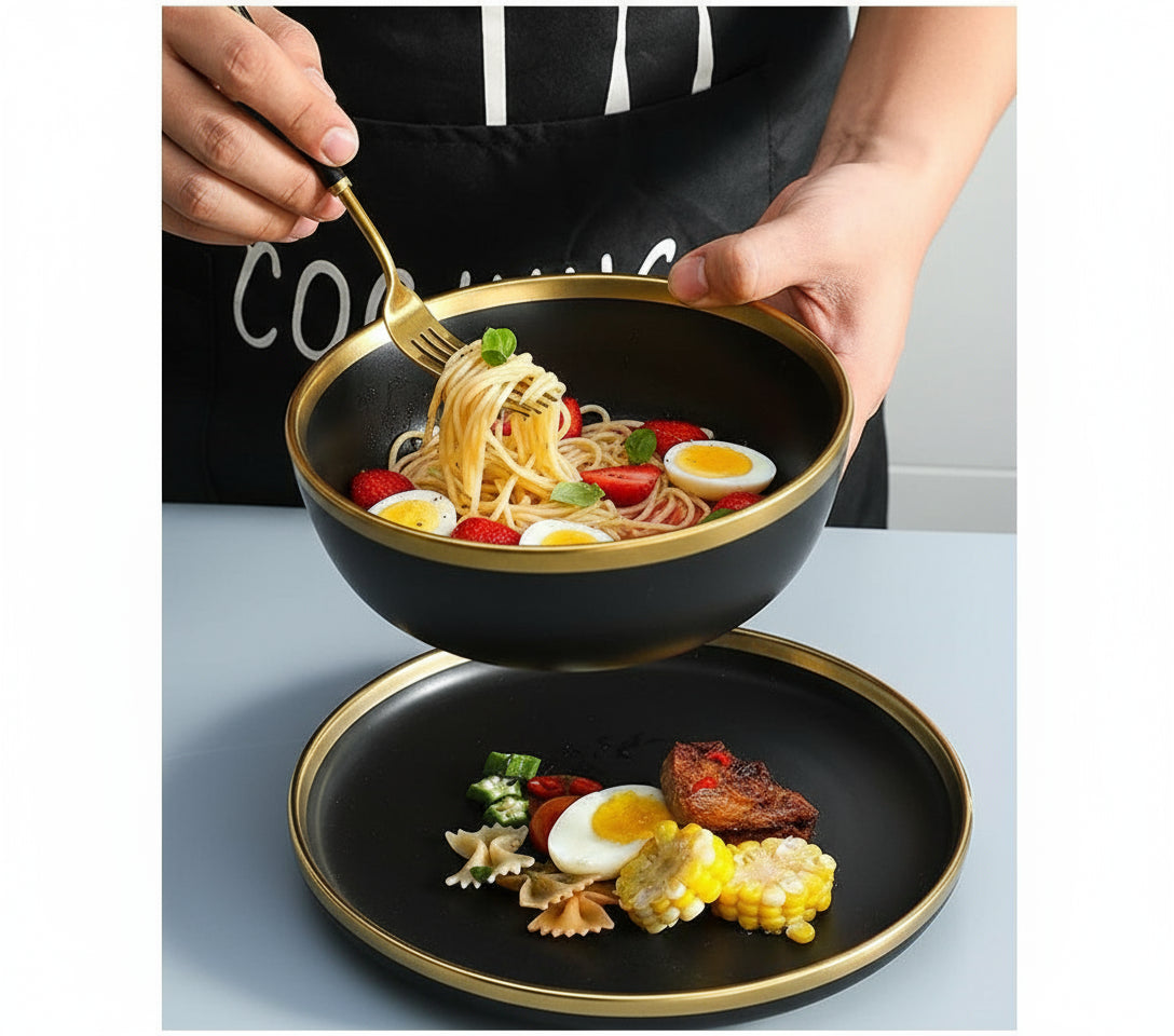 Matte gold inlay black porcelain dinner set by MC THE BLACK DIAMOND, kitchenware with elegant design and multiple pieces for dining.