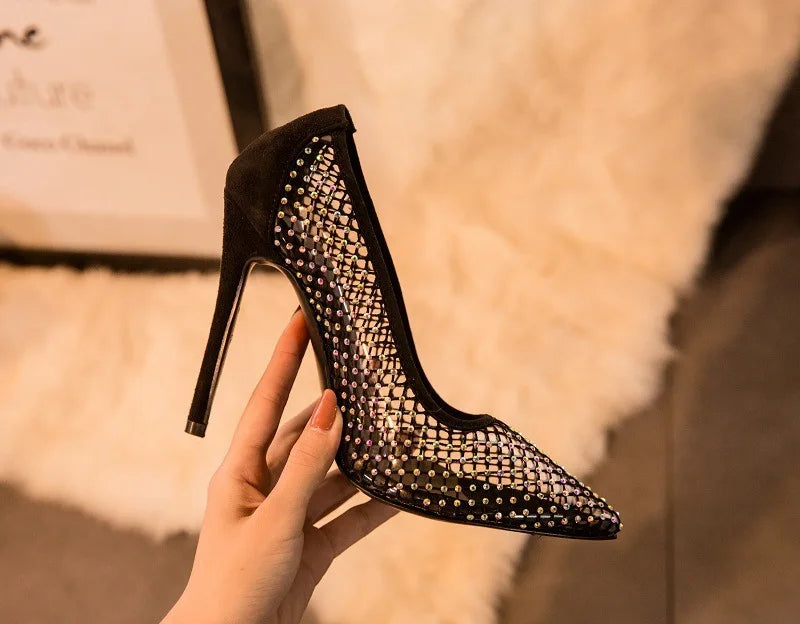 Colorful rhinestone women’s pumps with glitter, breathable mesh and thin heels, perfect for parties and weddings by 𝕄𝕔 𝕋𝕙𝕖 𝔹𝕝𝕒𝕔𝕜 𝔻�