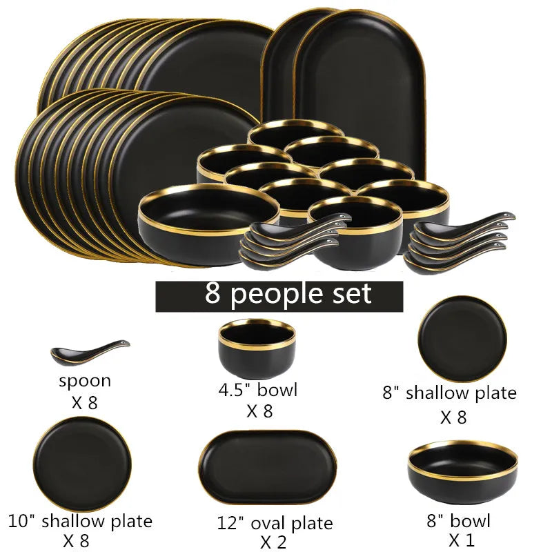 Set of matte gold inlay black porcelain dinnerware by MC THE BLACK DIAMOND, includes plates and bowls for elegant kitchen use.