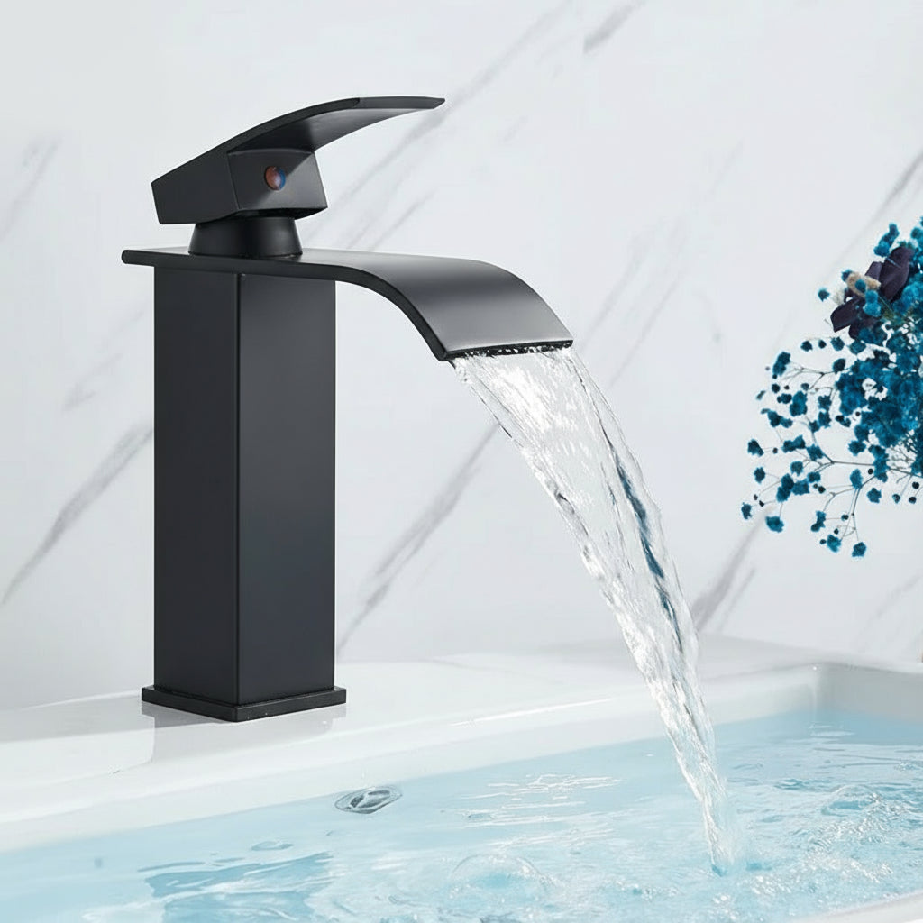 Black waterfall bathroom faucet and basin vanity vessel sink by MC THE BLACK DIAMOND, showcasing sleek modern design and smooth water flow.