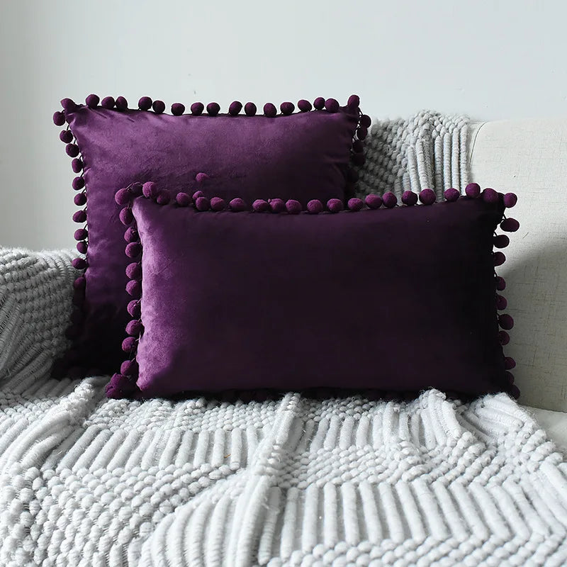 MC The Black Diamond velvet throw pillow cover with large pom-pom accents, soft fabric, and solid plain design for sofa cushions.