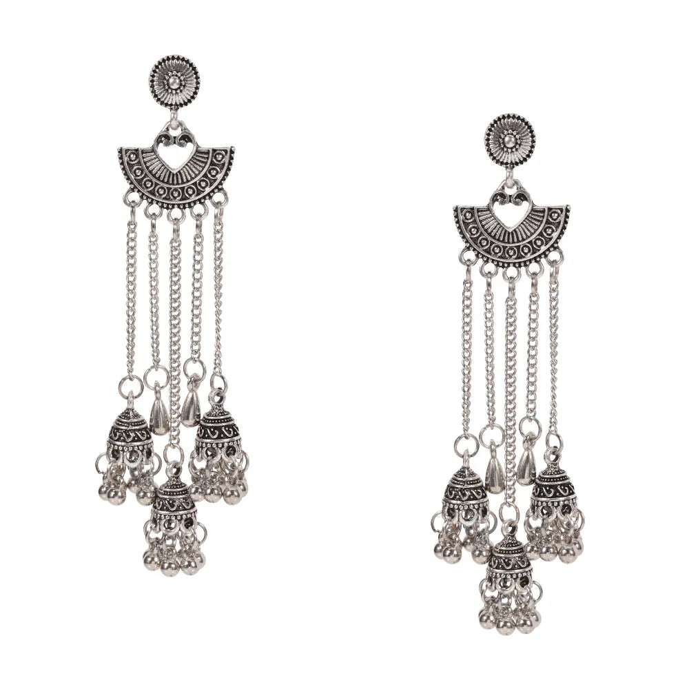 Silver Egyptian geometric bells and long tassel Indian earrings, Afghan Turkish ethnic jewelry for women with jhumka style.