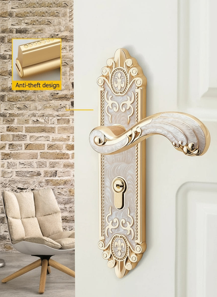 European style gold door lock with keys, ivory white handle, security entrance hardware, anti-theft design, from 𝕄𝕔 𝕋𝕙𝕖 𝔹𝕝𝕒𝕔𝕜 𝔻�